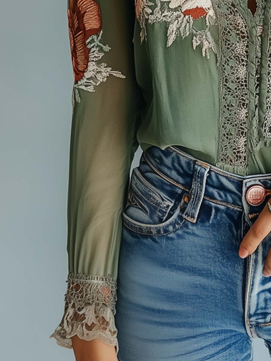 Damen Spitzenbluse mit Blumenprint und langen Ärmeln