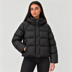 Damen Kurze Pufferjacke mit Kapuze – Steppjacke mit Stehkragen und horizontaler Steppung, Winter