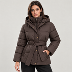 Damen Steppjacke mit Kapuze und Bindegürtel – Taillierte Winterjacke mit Reißverschluss