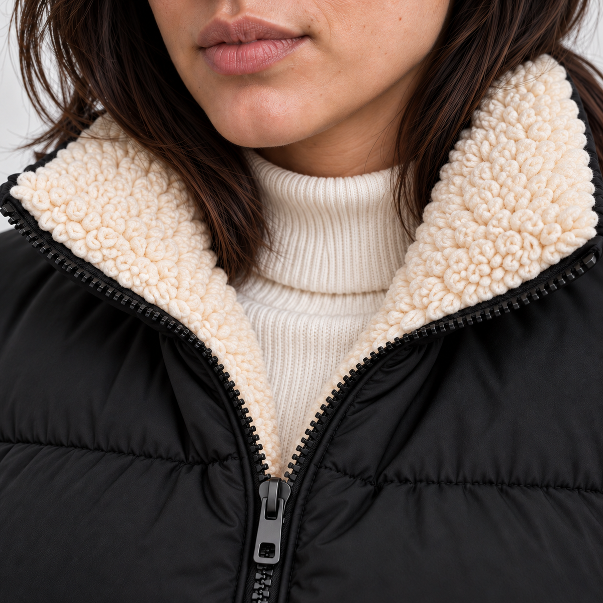 Damen Kurze Steppjacke mit Teddykragen – Pufferjacke mit Stehkragen und Reißverschluss, Winter