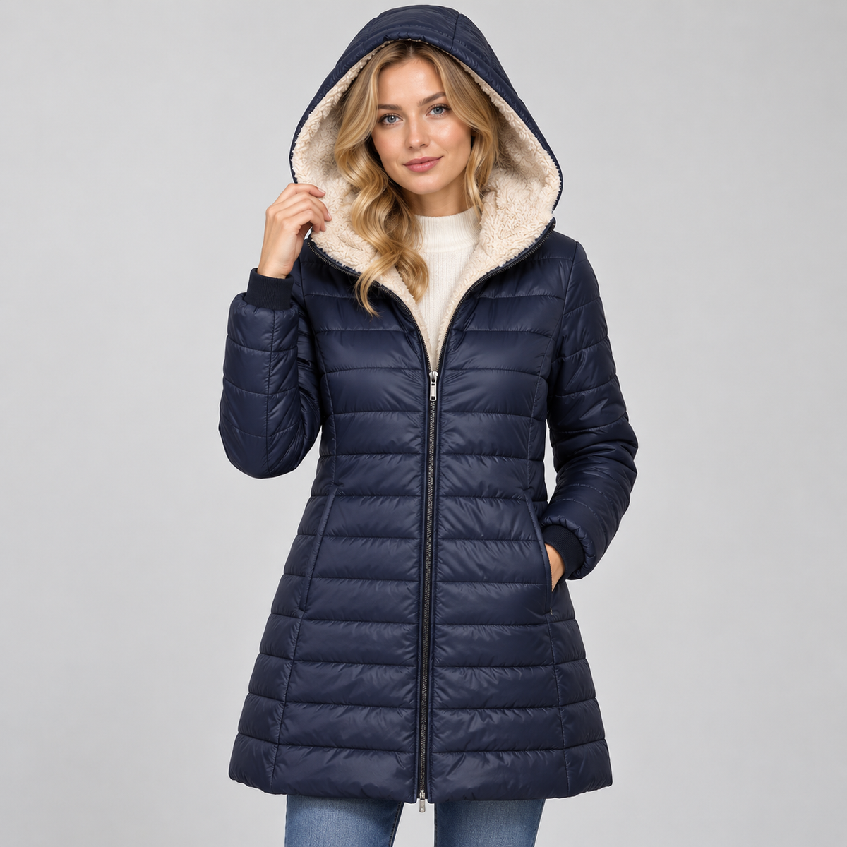 Damen Langer Steppmantel mit Teddyfutter-Kapuze – Warmer Wintermantel mit Reißverschluss