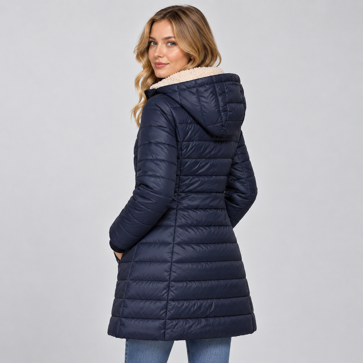 Damen Langer Steppmantel mit Teddyfutter-Kapuze – Warmer Wintermantel mit Reißverschluss