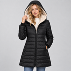 Damen Langer Steppmantel mit Teddyfutter-Kapuze – Warmer Wintermantel mit Reißverschluss