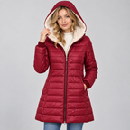 Damen Langer Steppmantel mit Teddyfutter-Kapuze – Warmer Wintermantel mit Reißverschluss