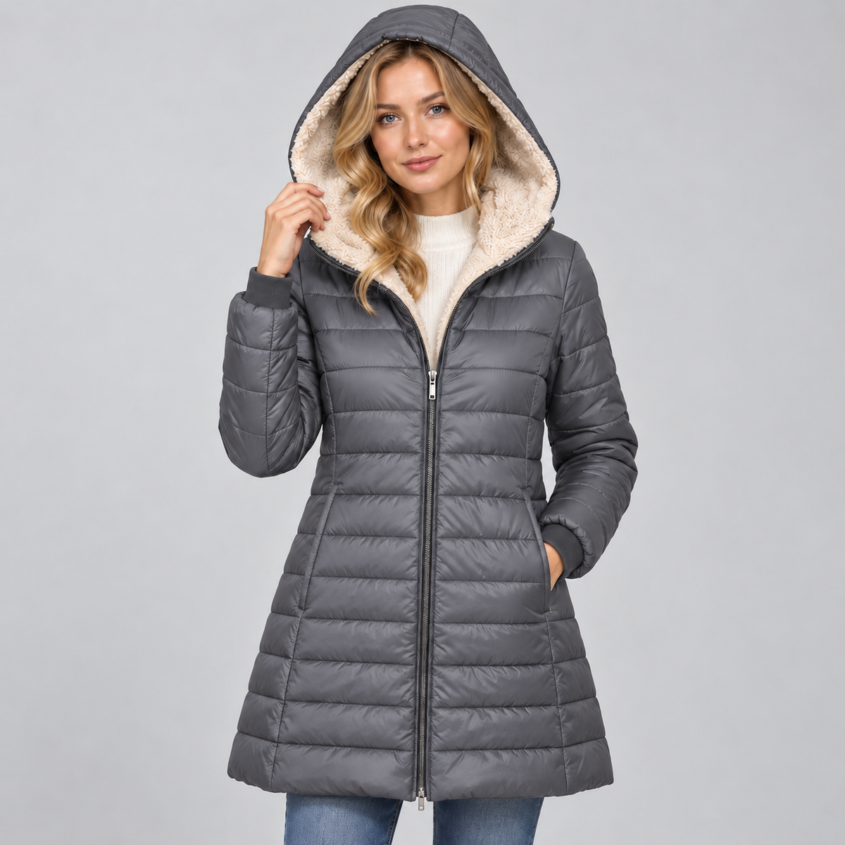 Damen Langer Steppmantel mit Teddyfutter-Kapuze – Warmer Wintermantel mit Reißverschluss