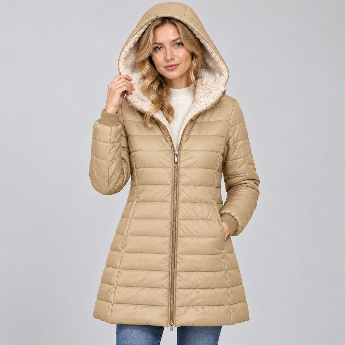 Damen Langer Steppmantel mit Teddyfutter-Kapuze – Warmer Wintermantel mit Reißverschluss