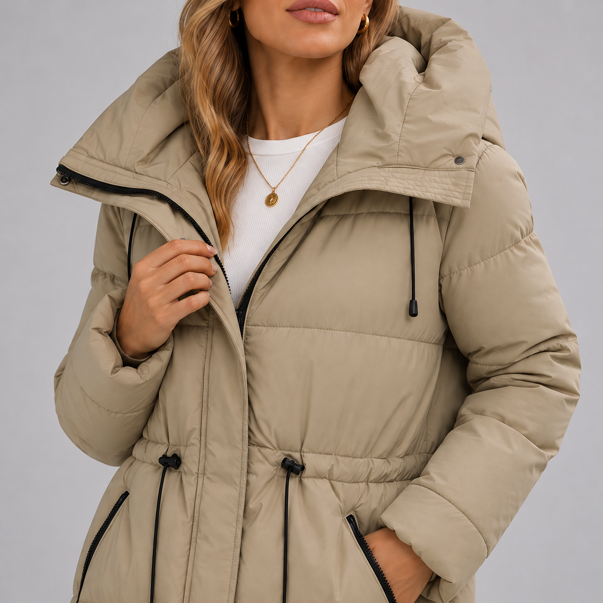 Damen Steppparka mit Kapuze und Taillenzug – Warme Winterjacke in Halblang
