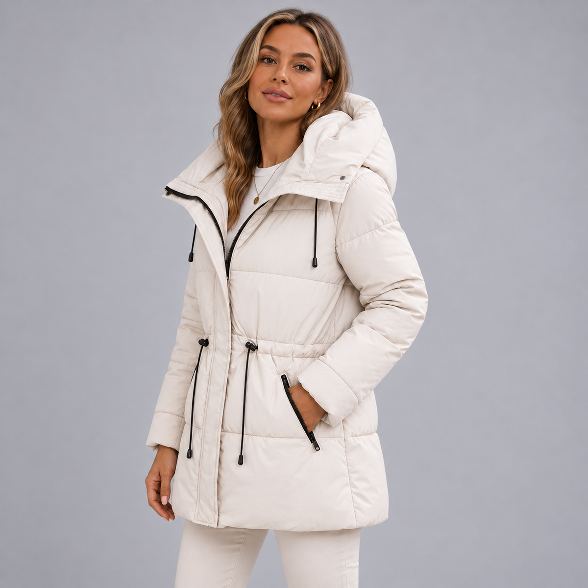 Damen Steppparka mit Kapuze und Taillenzug – Warme Winterjacke in Halblang