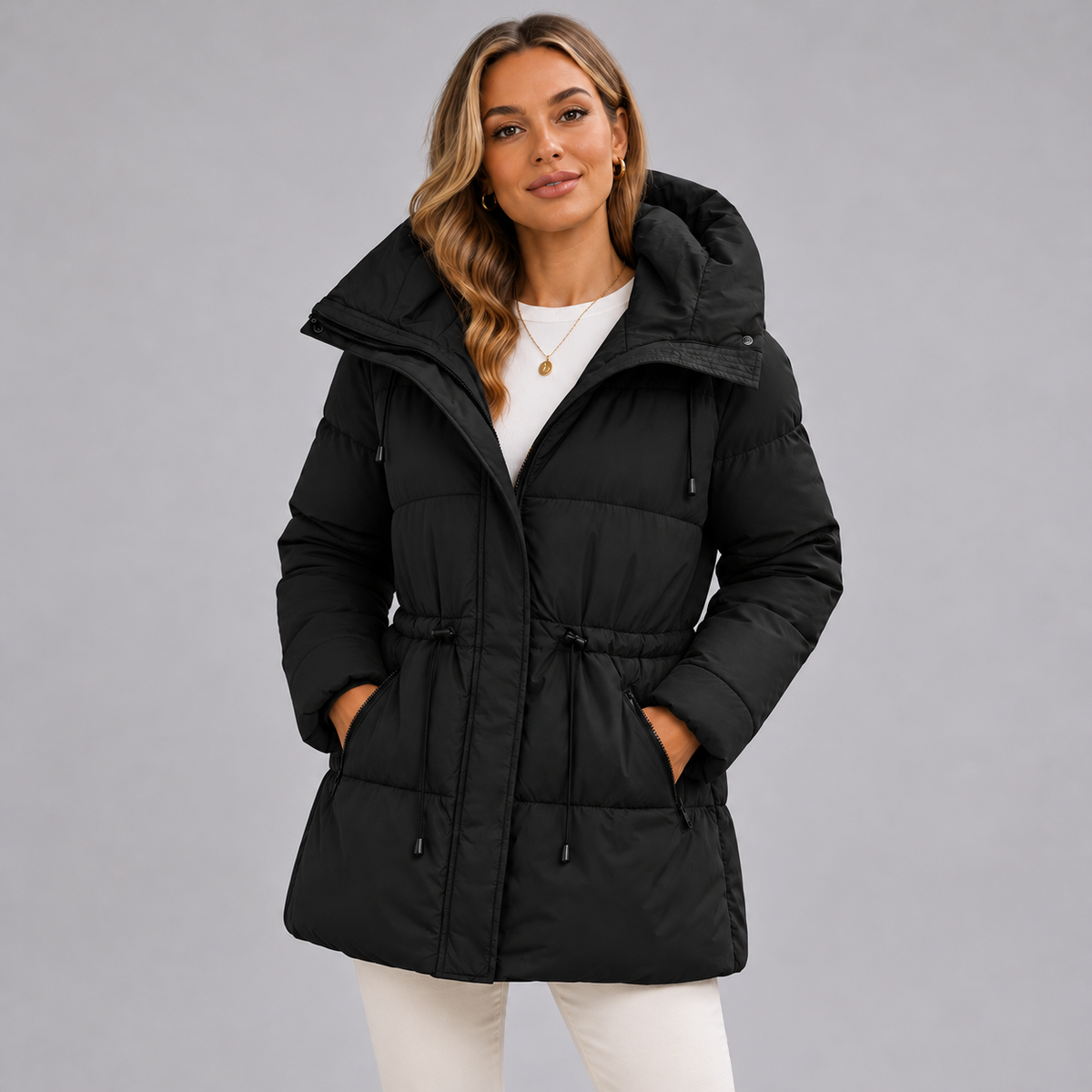 Damen Steppparka mit Kapuze und Taillenzug – Warme Winterjacke in Halblang
