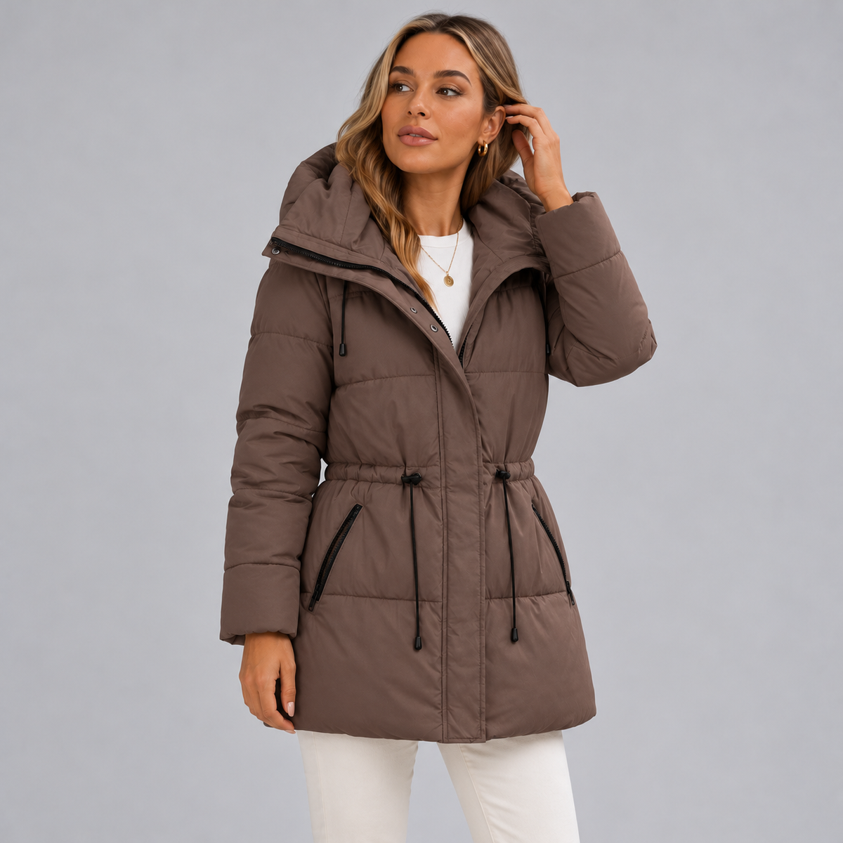 Damen Steppparka mit Kapuze und Taillenzug – Warme Winterjacke in Halblang