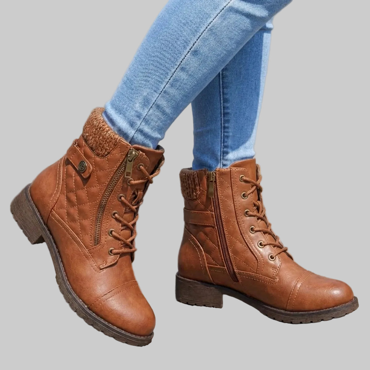 Damen Schnürstiefeletten aus Kunstleder – Combat Boots mit Reißverschluss und Blockabsatz, Herbst Winter