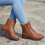 Damen Schnürstiefeletten aus Kunstleder – Combat Boots mit Reißverschluss und Blockabsatz, Herbst Winter