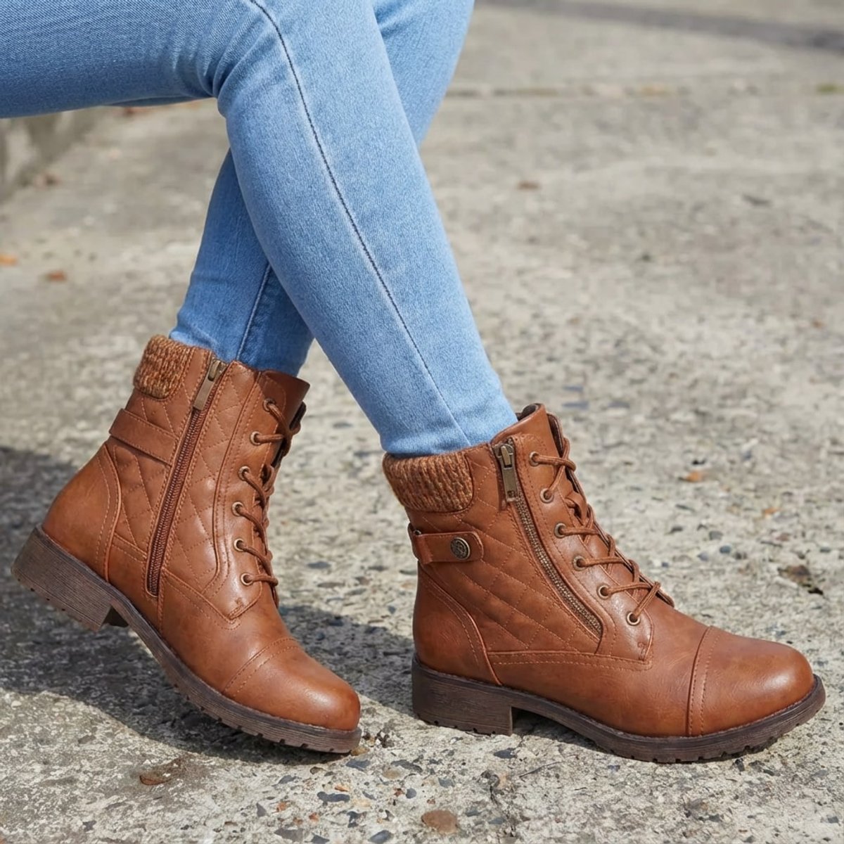Damen Schnürstiefeletten aus Kunstleder – Combat Boots mit Reißverschluss und Blockabsatz, Herbst Winter