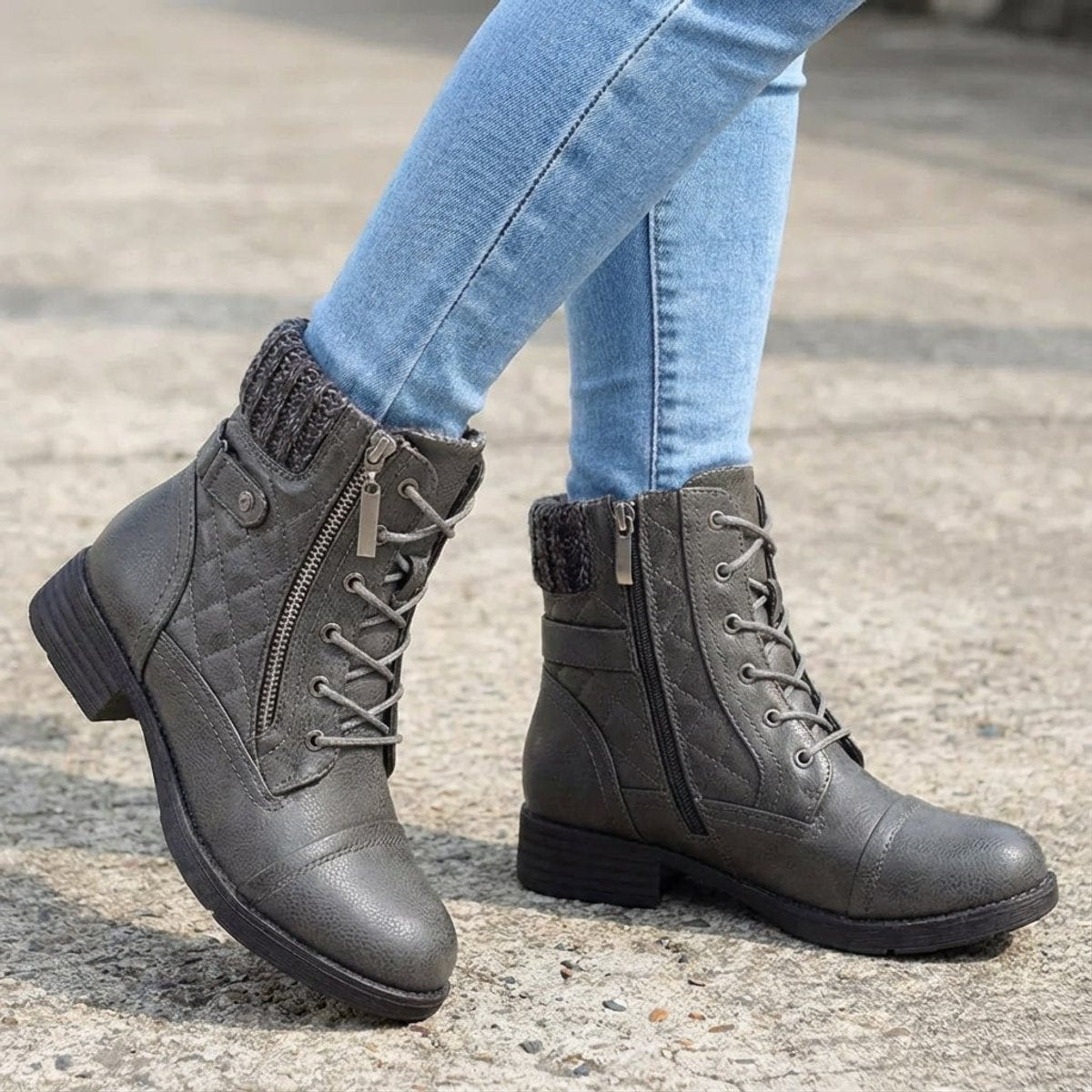 Damen Schnürstiefeletten aus Kunstleder – Combat Boots mit Reißverschluss und Blockabsatz, Herbst Winter