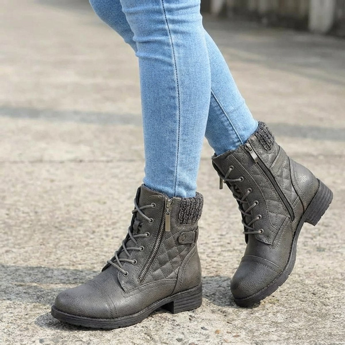 Damen Schnürstiefeletten aus Kunstleder – Combat Boots mit Reißverschluss und Blockabsatz, Herbst Winter