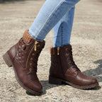 Damen Schnürstiefeletten aus Kunstleder – Combat Boots mit Reißverschluss und Blockabsatz, Herbst Winter