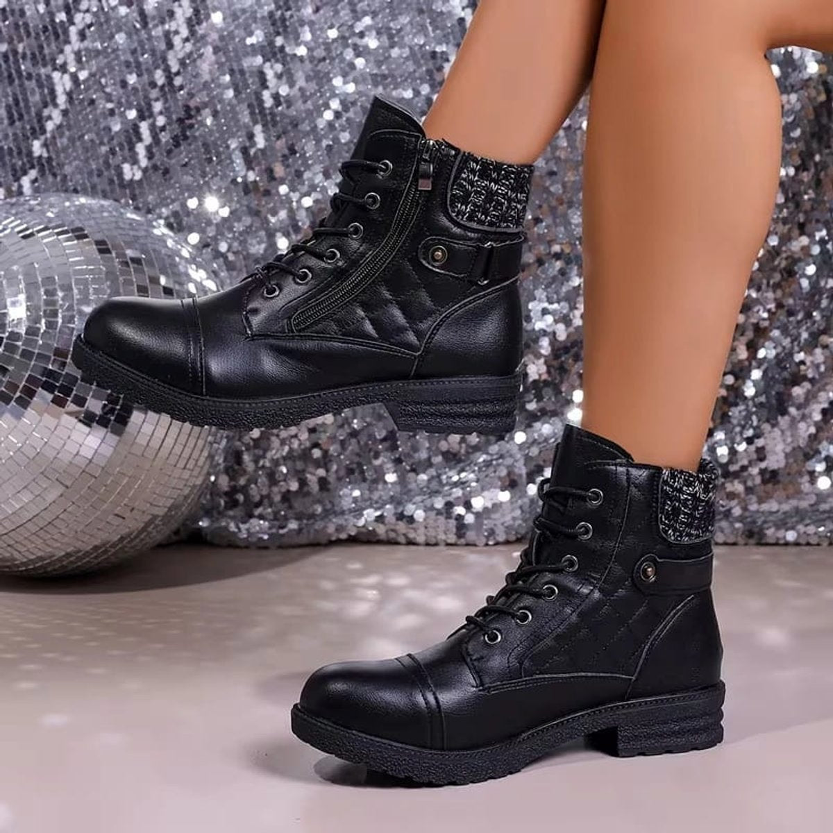 Damen Schnürstiefeletten aus Kunstleder – Combat Boots mit Reißverschluss und Blockabsatz, Herbst Winter