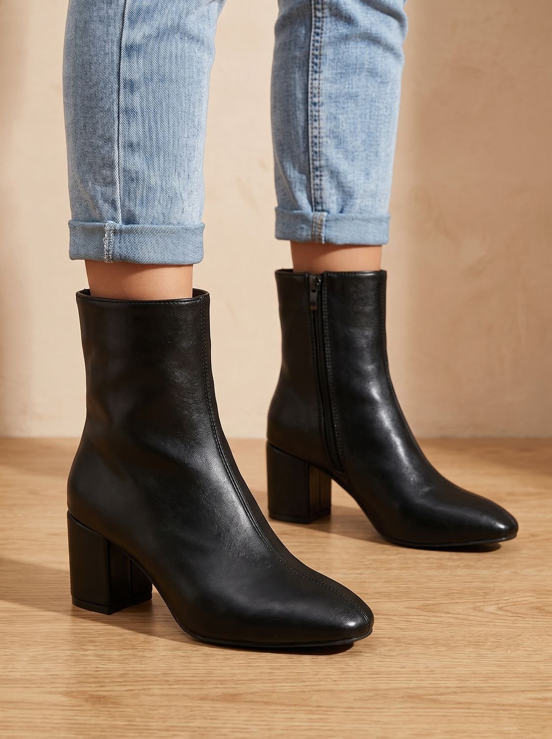 Damen Ankle Boots mit Blockabsatz – Kunstleder Stiefeletten mit Reißverschluss, Herbst Winter