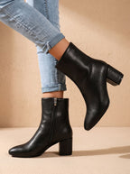 Damen Ankle Boots mit Blockabsatz – Kunstleder Stiefeletten mit Reißverschluss, Herbst Winter