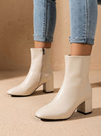 Damen Ankle Boots mit Blockabsatz – Kunstleder Stiefeletten mit Reißverschluss, Herbst Winter