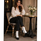 Damen Viktorianische Stiefeletten – Zweifarbige Vintage Ankle Boots mit Knopfleiste, Herbst Winter