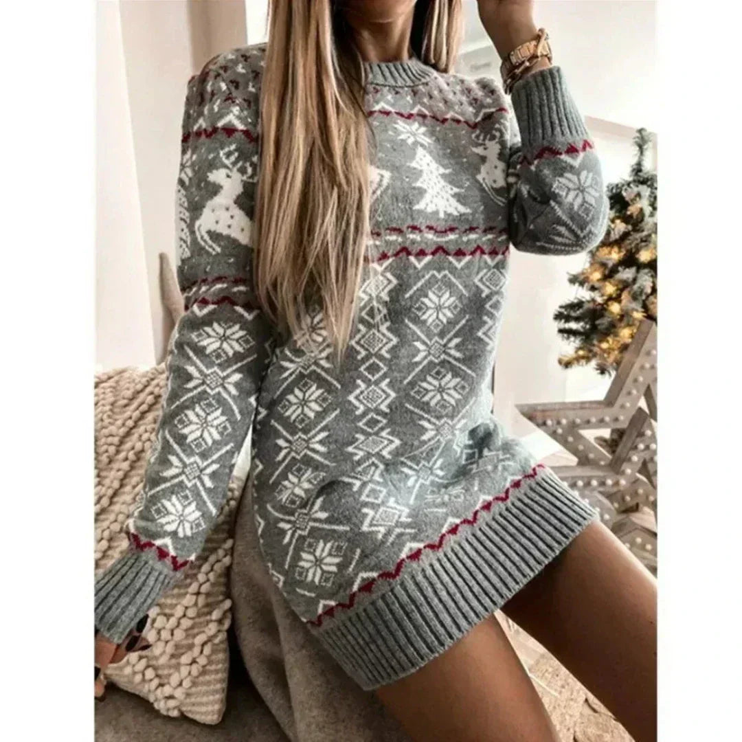 Damen Norweger Strickkleid mit Rentier – Weihnachtskleid Mini, Winterkleid Langarm