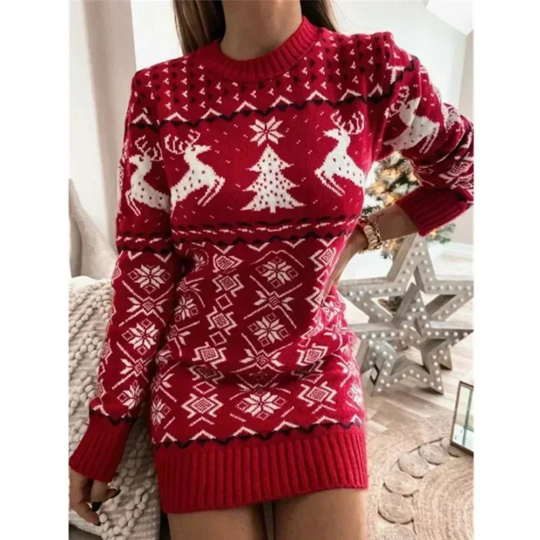 Damen Norweger Strickkleid mit Rentier – Weihnachtskleid Mini, Winterkleid Langarm