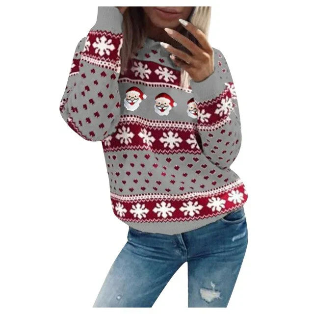 Damen Weihnachtspullover mit Weihnachtsmann & Schneeflocken – Strickpullover, Winter, Lockere Passform
