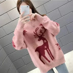 Damen Weihnachtspullover mit Rentier – Flauschiger Strickpullover, Winter, Lockere Passform