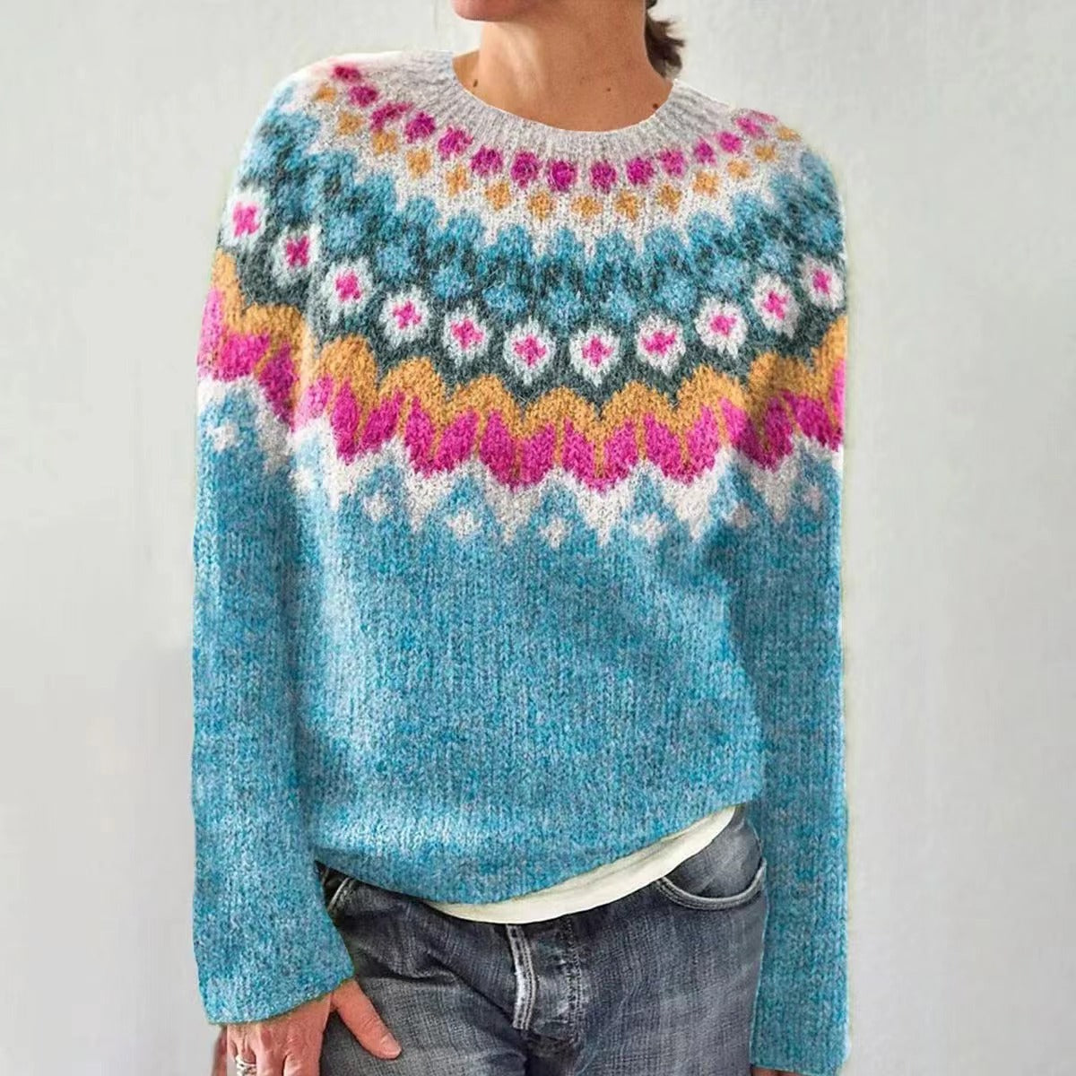 Damen Norweger Weihnachtspullover mit Rundpasse – Strickpullover, Winter, Lockere Passform