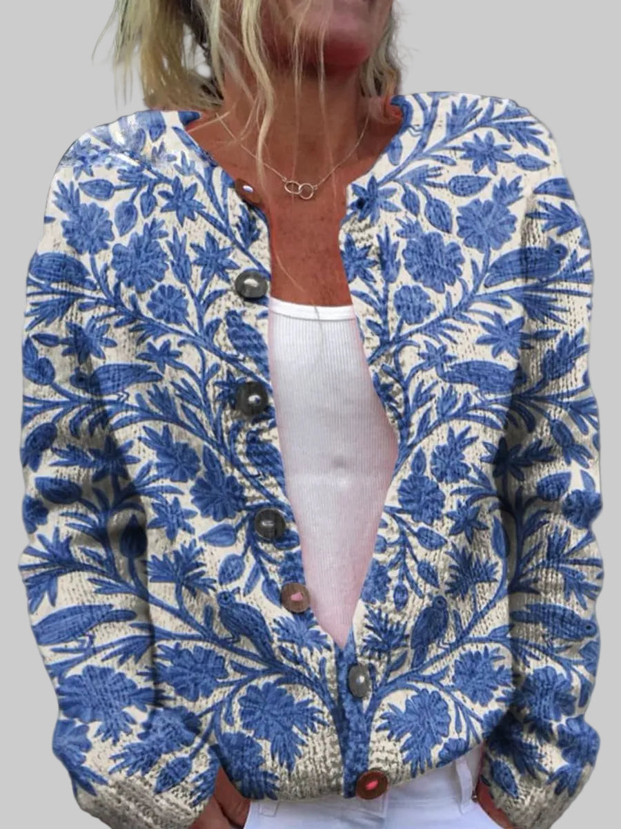 Damen Strickcardigan mit Blumenmuster und langen Ärmeln