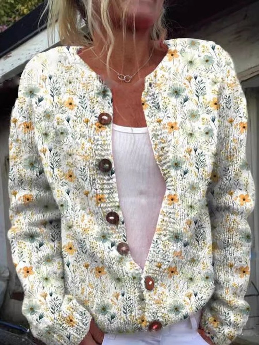 Damen Strickcardigan mit Blumenmuster und langen Ärmeln