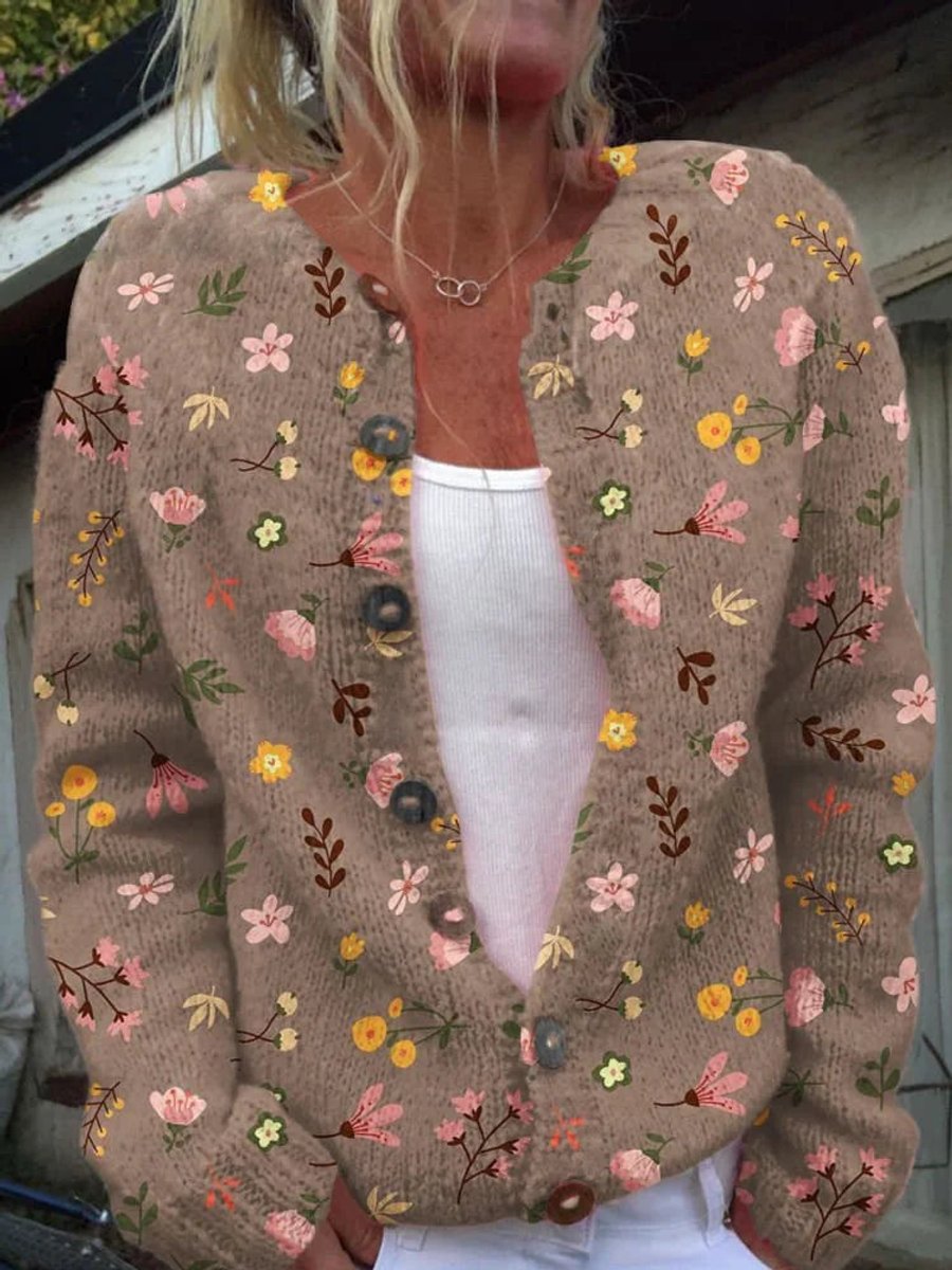 Damen Strickcardigan mit Blumenmuster und langen Ärmeln