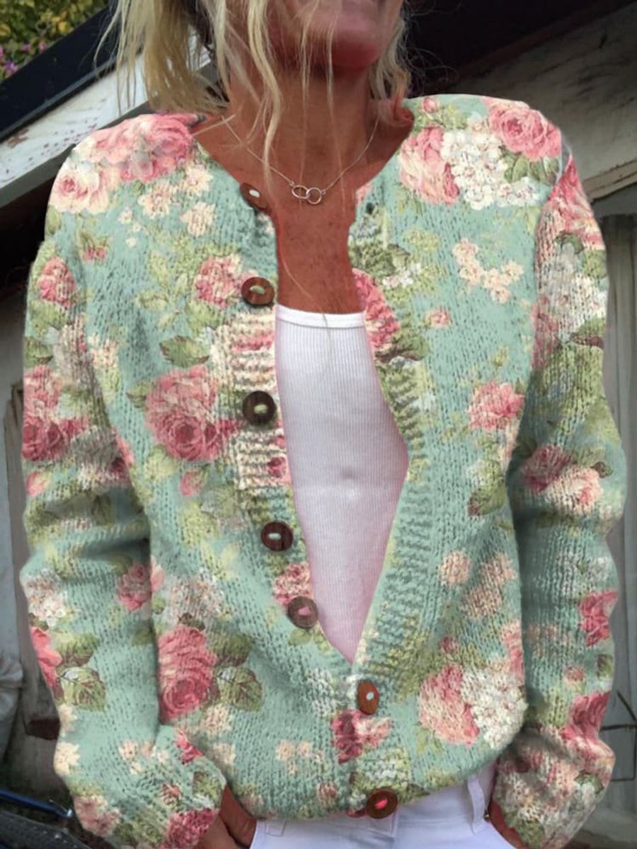 Damen Strickcardigan mit Blumenmuster und langen Ärmeln
