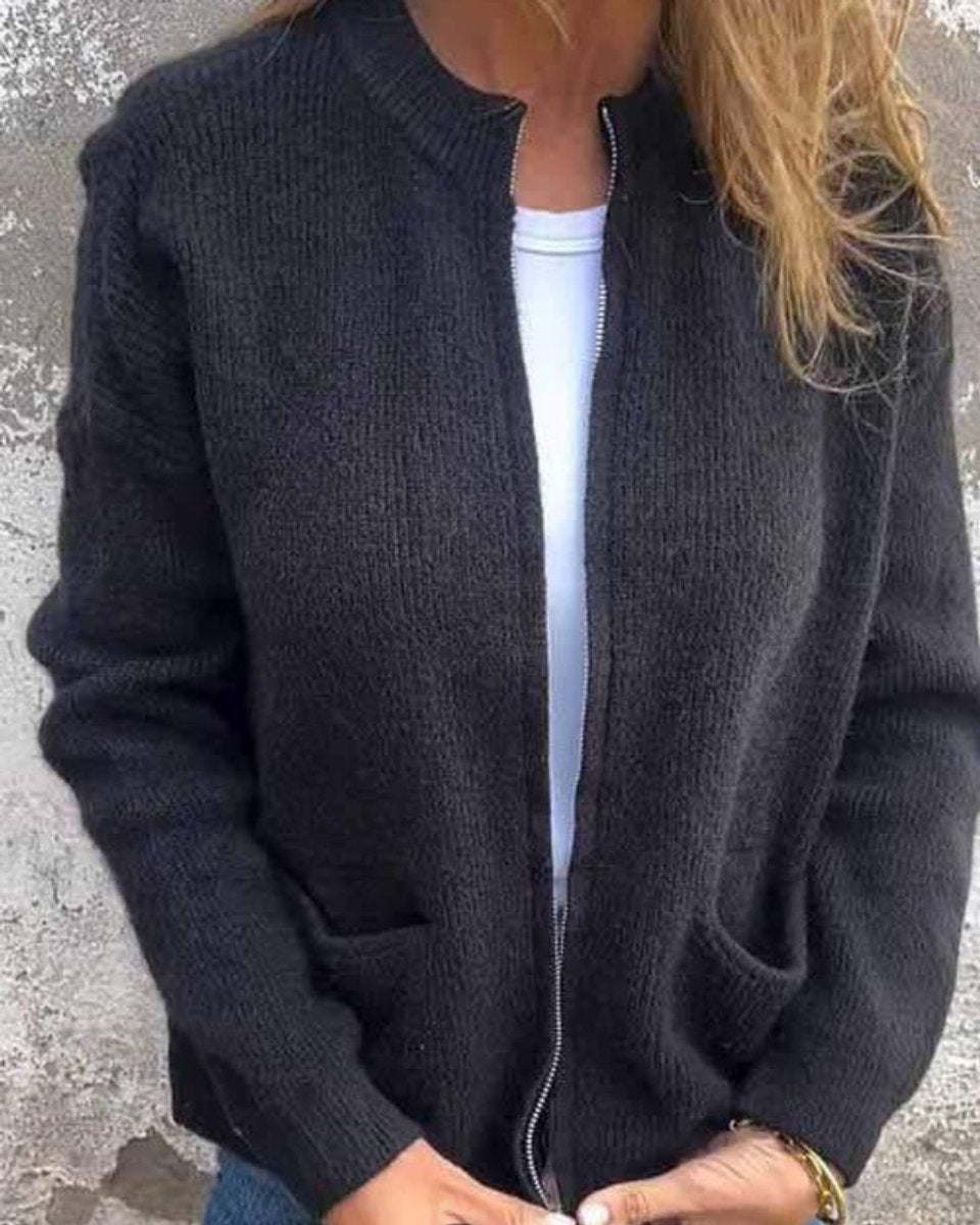 Damen Strickcardigan mit Reißverschluss, lockerer Passform und Fronttaschen