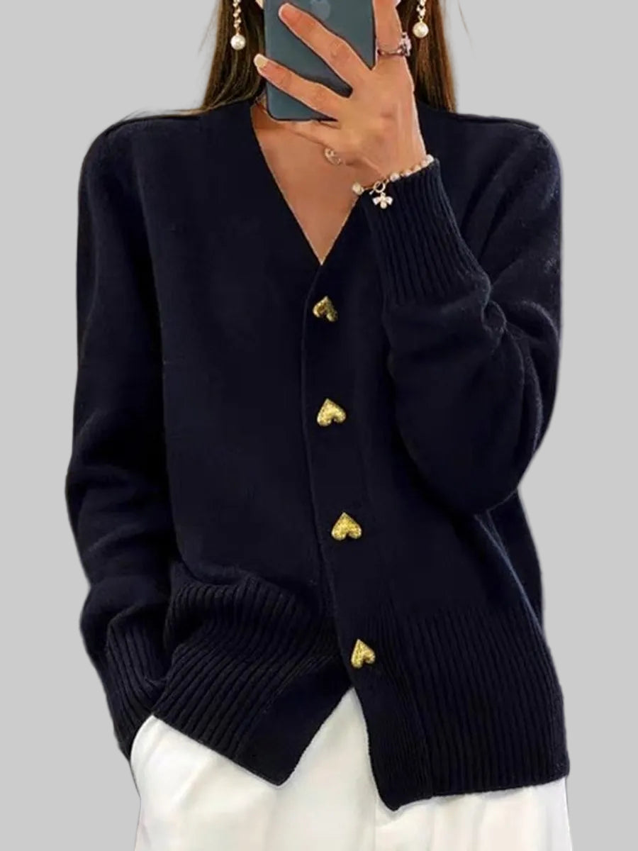 Damen Strickcardigan mit V-Ausschnitt, Herzknöpfen und Relaxed Fit