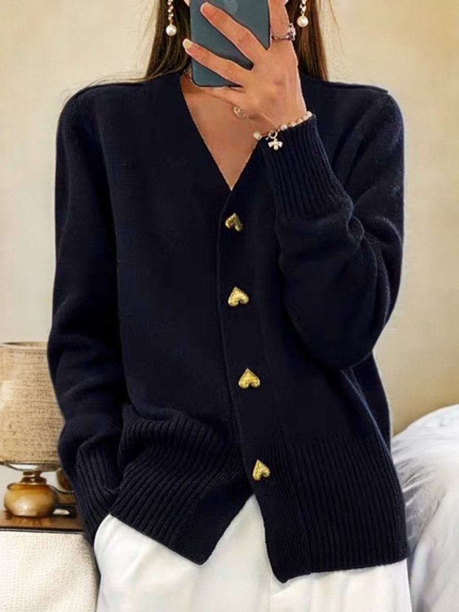 Damen Strickcardigan mit V-Ausschnitt, Herzknöpfen und Relaxed Fit