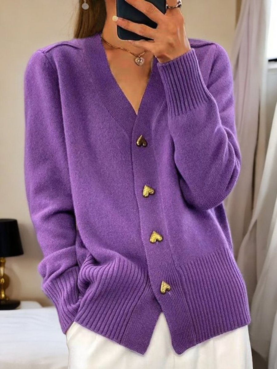 Damen Strickcardigan mit V-Ausschnitt, Herzknöpfen und Relaxed Fit