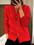 Damen Strickcardigan mit V-Ausschnitt, Herzknöpfen und Relaxed Fit