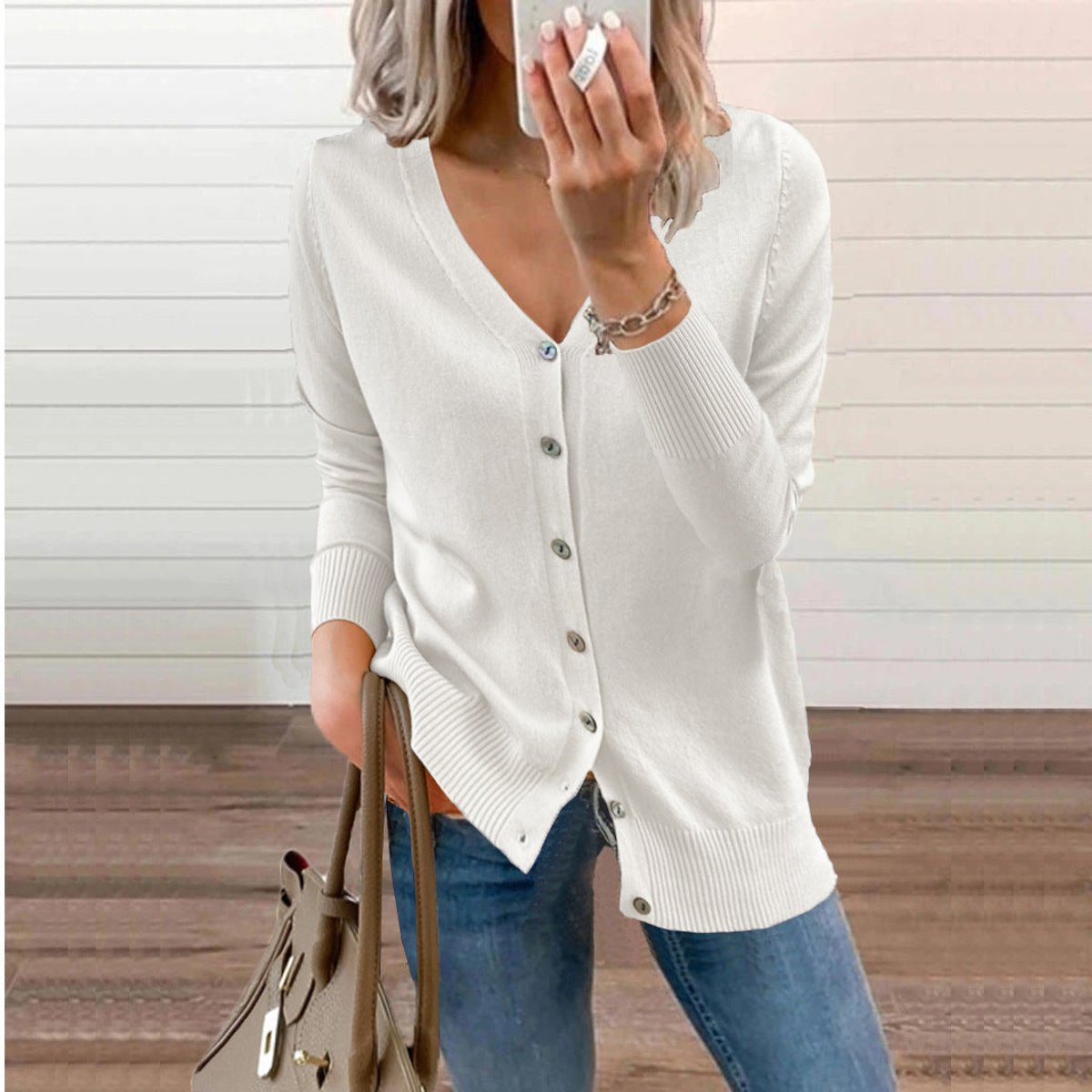Damen Strickcardigan mit V-Ausschnitt, langen Ärmeln und Knopfleiste