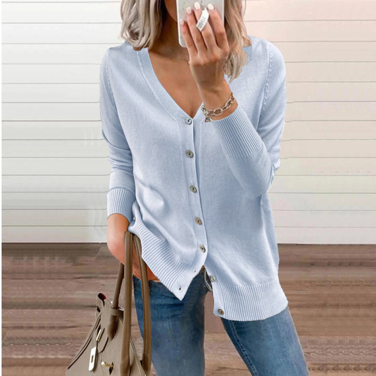 Damen Strickcardigan mit V-Ausschnitt, langen Ärmeln und Knopfleiste