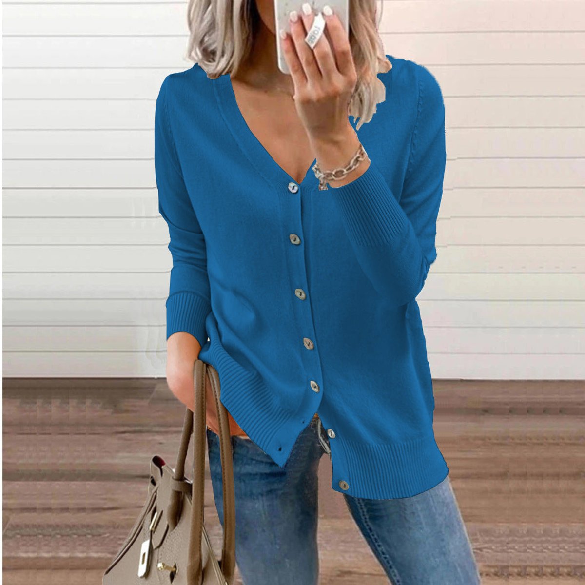 Damen Strickcardigan mit V-Ausschnitt, langen Ärmeln und Knopfleiste