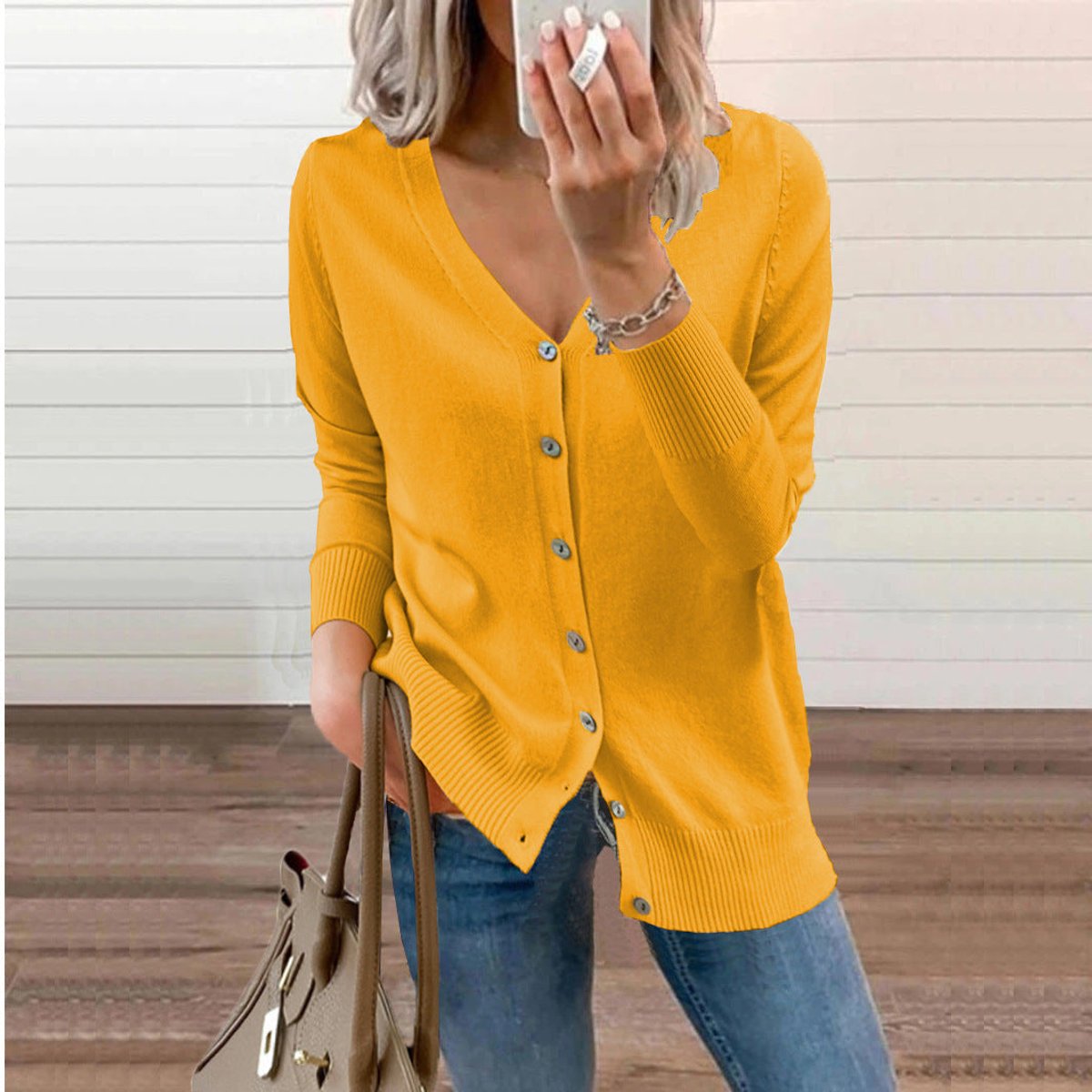 Damen Strickcardigan mit V-Ausschnitt, langen Ärmeln und Knopfleiste