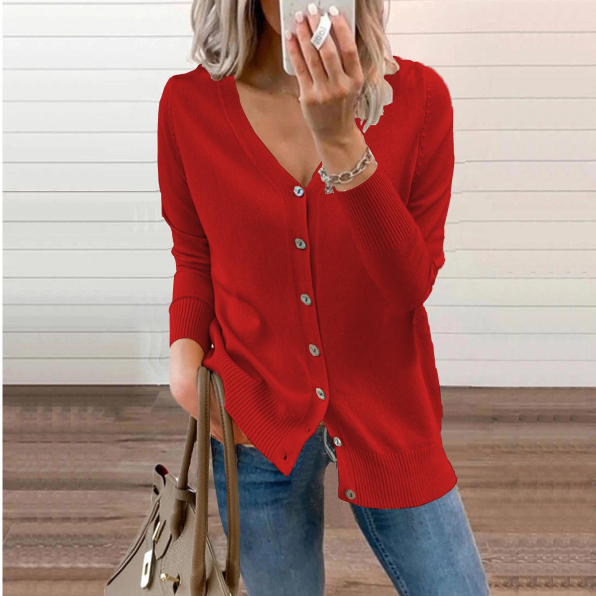 Damen Strickcardigan mit V-Ausschnitt, langen Ärmeln und Knopfleiste