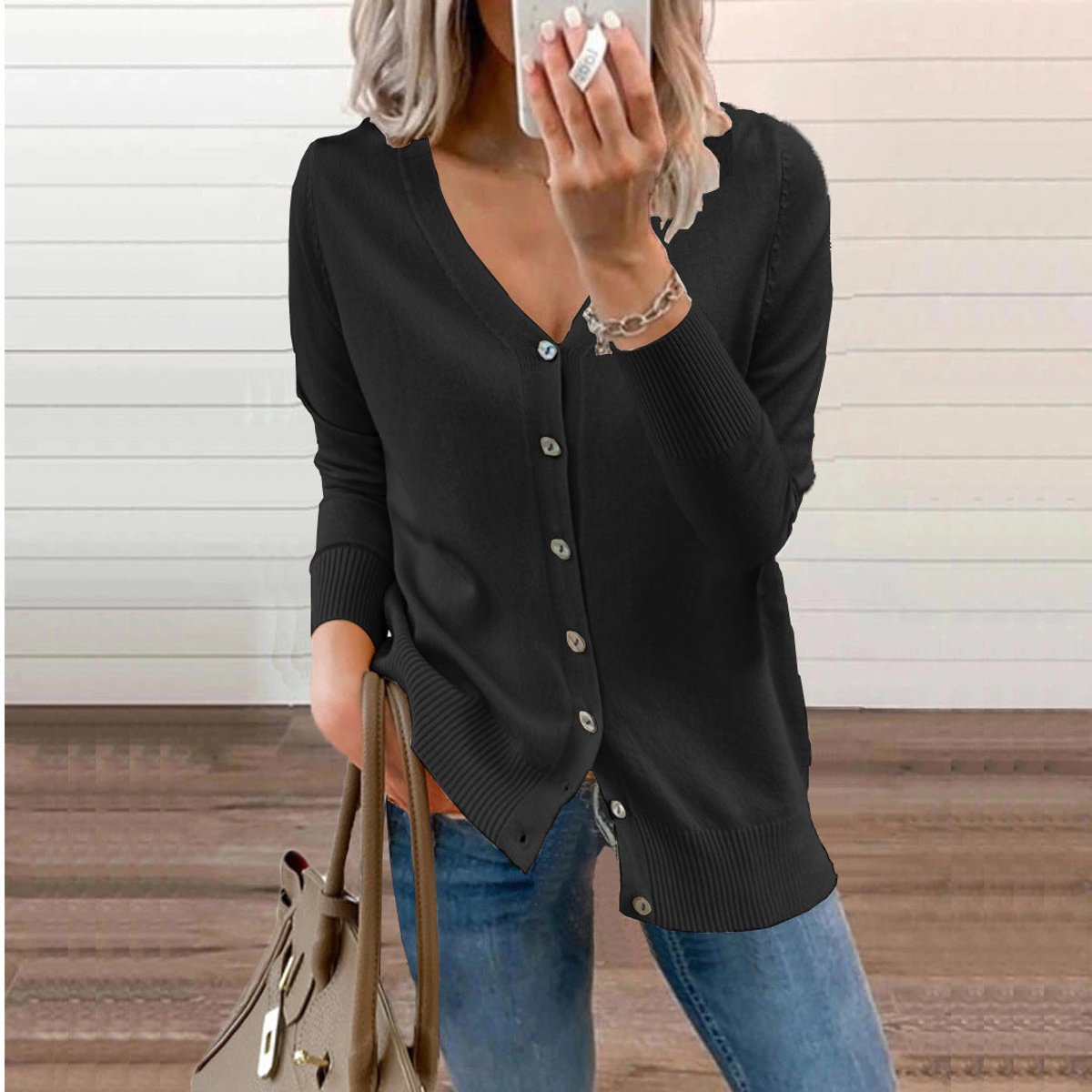 Damen Strickcardigan mit V-Ausschnitt, langen Ärmeln und Knopfleiste