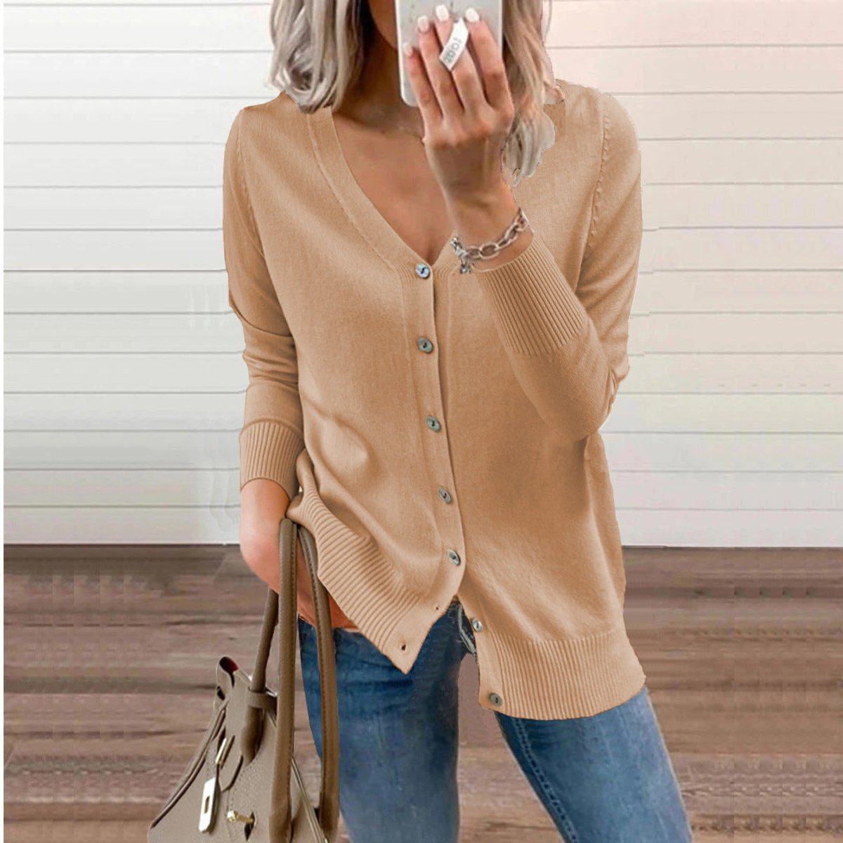 Damen Strickcardigan mit V-Ausschnitt, langen Ärmeln und Knopfleiste