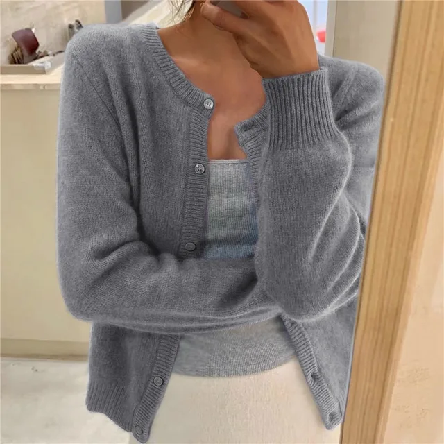Damen Strickjacke mit Rundhalsausschnitt und langen Ärmeln
