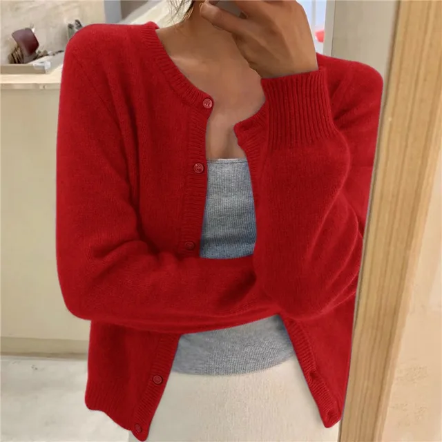 Damen Strickjacke mit Rundhalsausschnitt und langen Ärmeln
