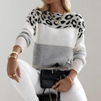 Damen Strickpullover mit Color-Block-Design und Leopardenmuster