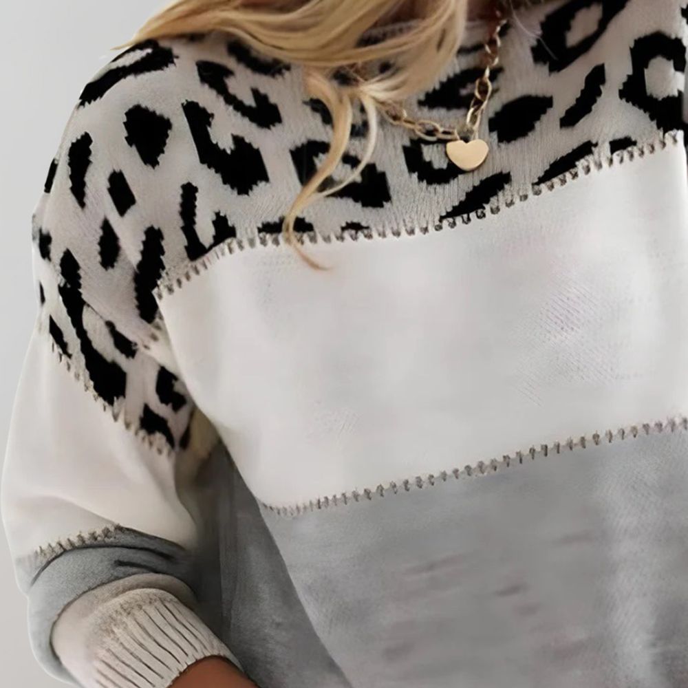 Damen Strickpullover mit Color-Block-Design und Leopardenmuster
